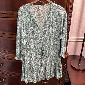 EUC LOFT Elegant Floral Blue and Green Swim Suit Cover up, size small